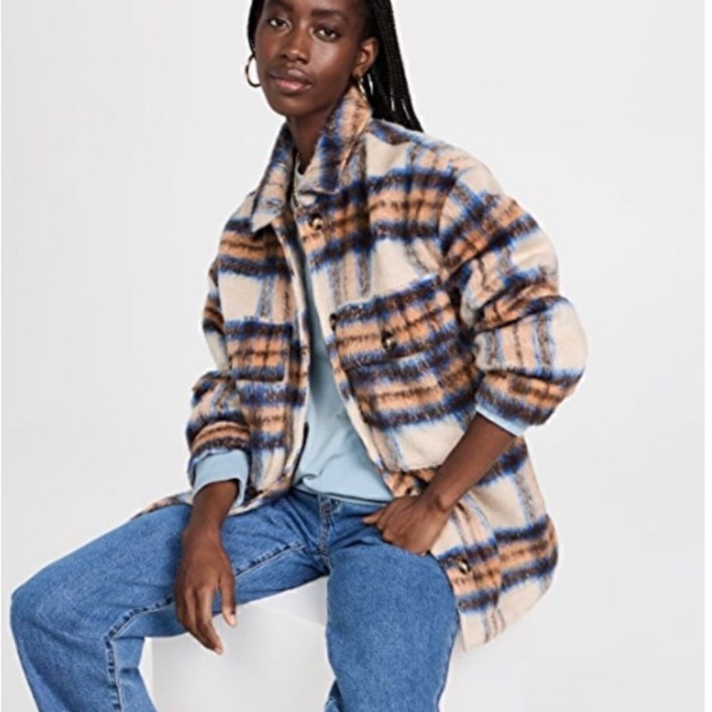 English Factory Oversized Wool Blend Faux Fur Plaid Shacket Women's Small‎